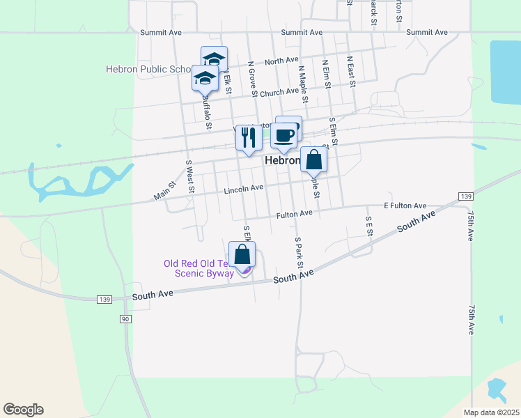 map of restaurants, bars, coffee shops, grocery stores, and more near 201-299 South Grove Street in Hebron