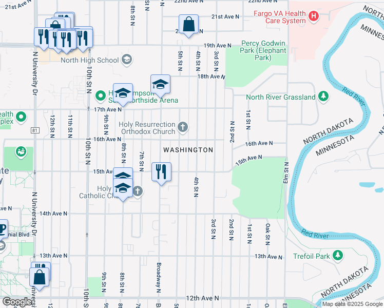 map of restaurants, bars, coffee shops, grocery stores, and more near in Fargo
