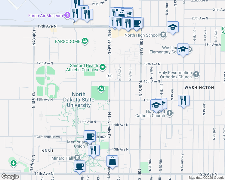 map of restaurants, bars, coffee shops, grocery stores, and more near 1537 North University Drive in Fargo