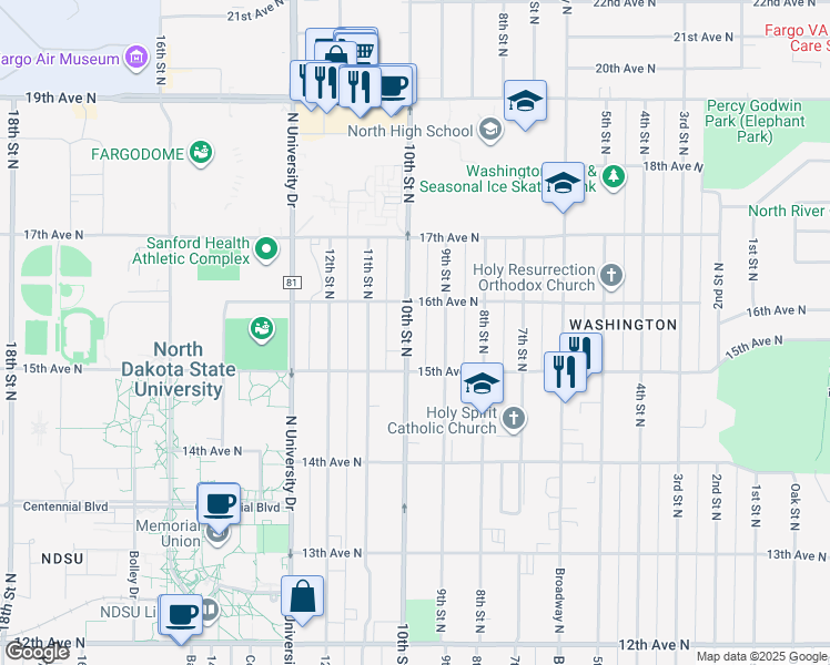 map of restaurants, bars, coffee shops, grocery stores, and more near 1525 10th Street North in Fargo