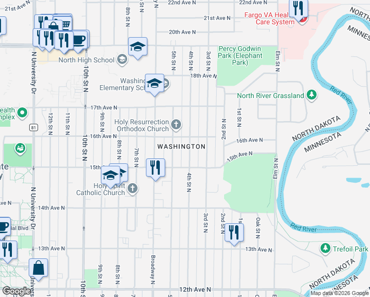map of restaurants, bars, coffee shops, grocery stores, and more near in Fargo