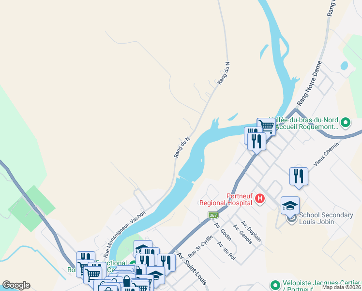 map of restaurants, bars, coffee shops, grocery stores, and more near 557 Rang du Nord in Saint-Raymond