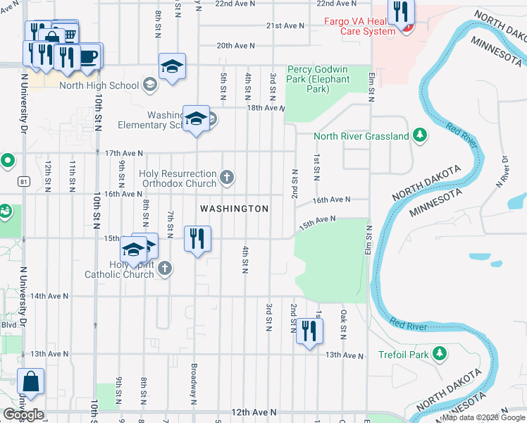 map of restaurants, bars, coffee shops, grocery stores, and more near 1533 3rd St N in Fargo