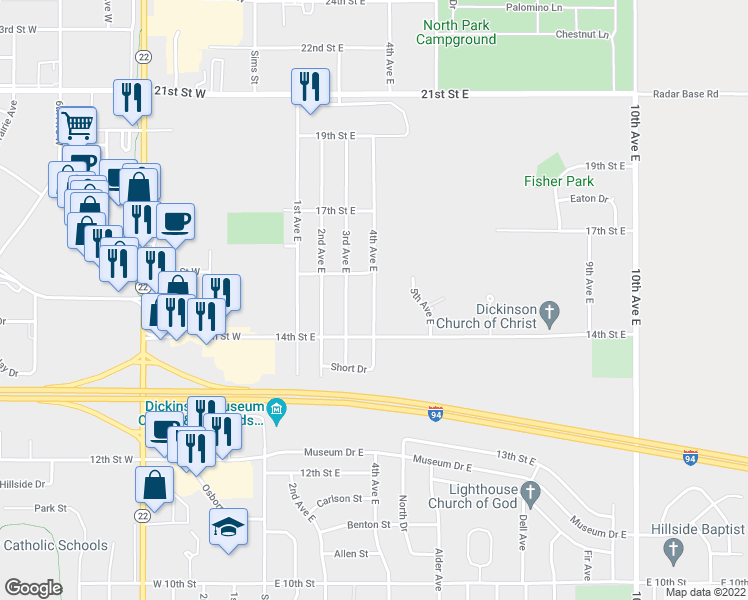 map of restaurants, bars, coffee shops, grocery stores, and more near 1420 4th Avenue East in Dickinson