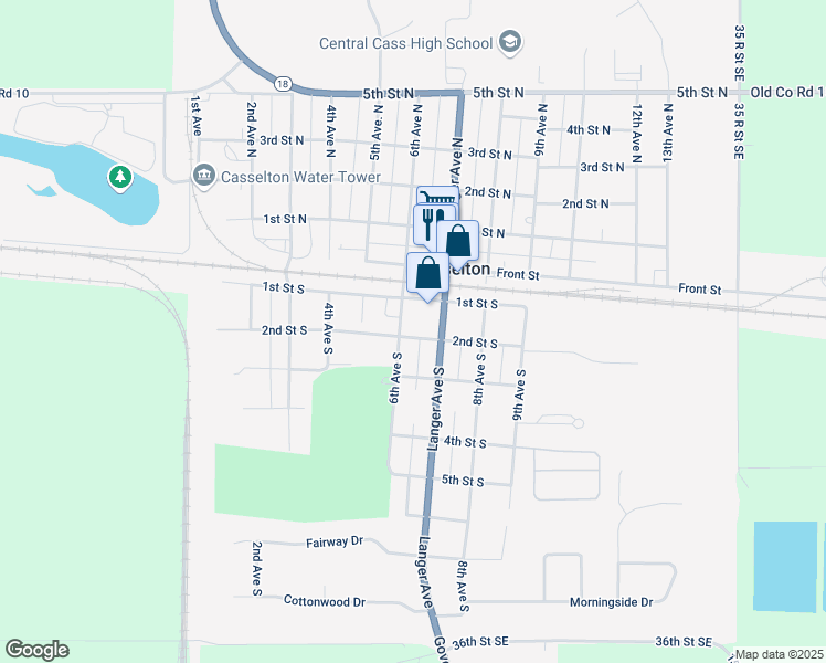 map of restaurants, bars, coffee shops, grocery stores, and more near 152 Langer Avenue South in Casselton