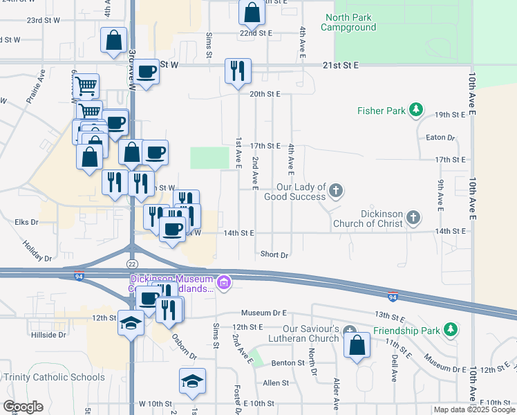 map of restaurants, bars, coffee shops, grocery stores, and more near 1401-1499 3rd Avenue East in Dickinson