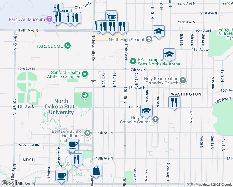 map of restaurants, bars, coffee shops, grocery stores, and more near 1533 11th Street North in Fargo