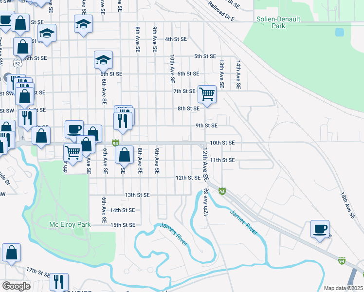 map of restaurants, bars, coffee shops, grocery stores, and more near 1050 10th Street Southeast in Jamestown