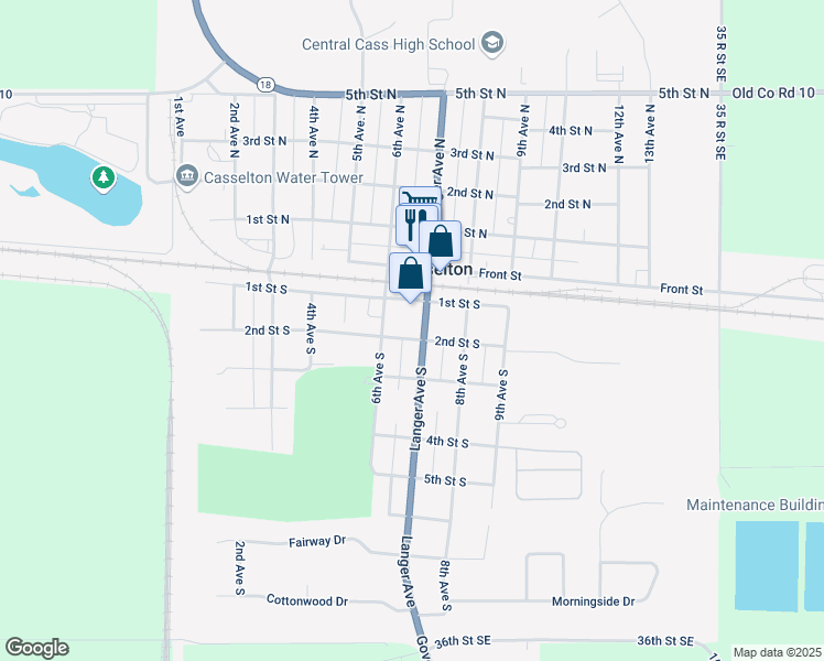 map of restaurants, bars, coffee shops, grocery stores, and more near 152 Langer Avenue South in Casselton
