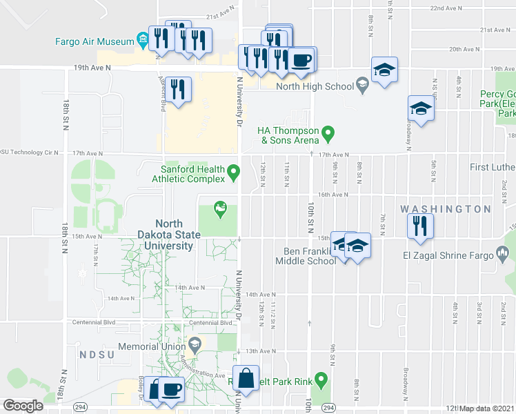 map of restaurants, bars, coffee shops, grocery stores, and more near 1537 12th Street North in Fargo