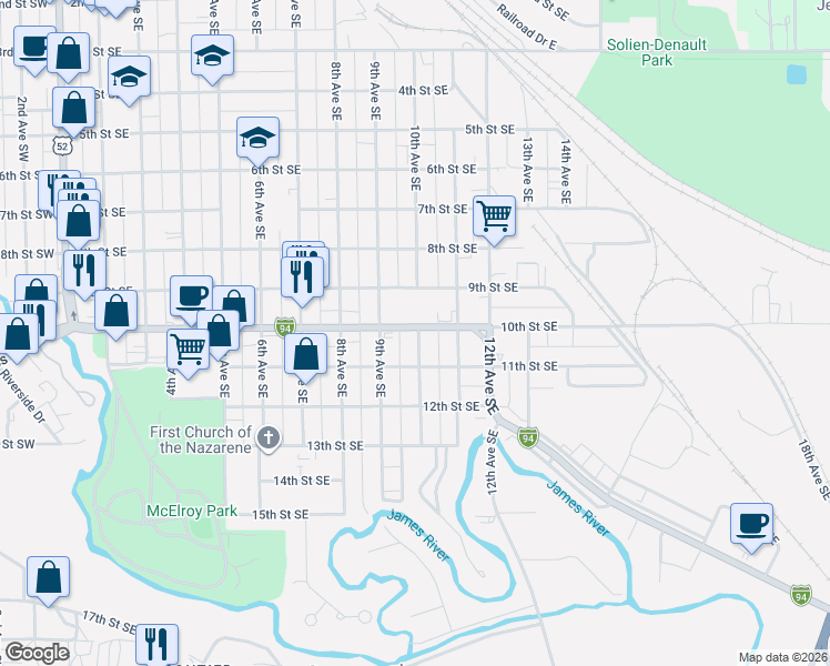 map of restaurants, bars, coffee shops, grocery stores, and more near 1000-1050 10th Street Southeast in Jamestown