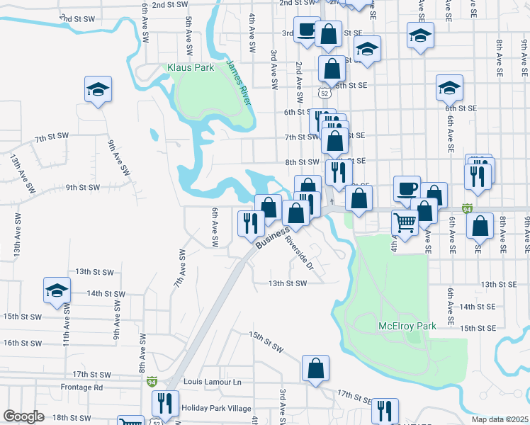 map of restaurants, bars, coffee shops, grocery stores, and more near 306 10th Street Southwest in Jamestown