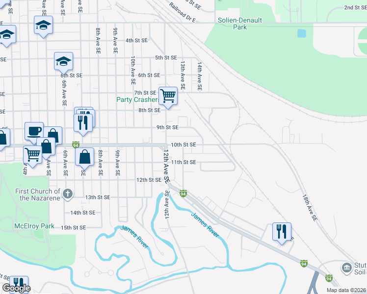 map of restaurants, bars, coffee shops, grocery stores, and more near 1214 10th Street Southeast in Jamestown