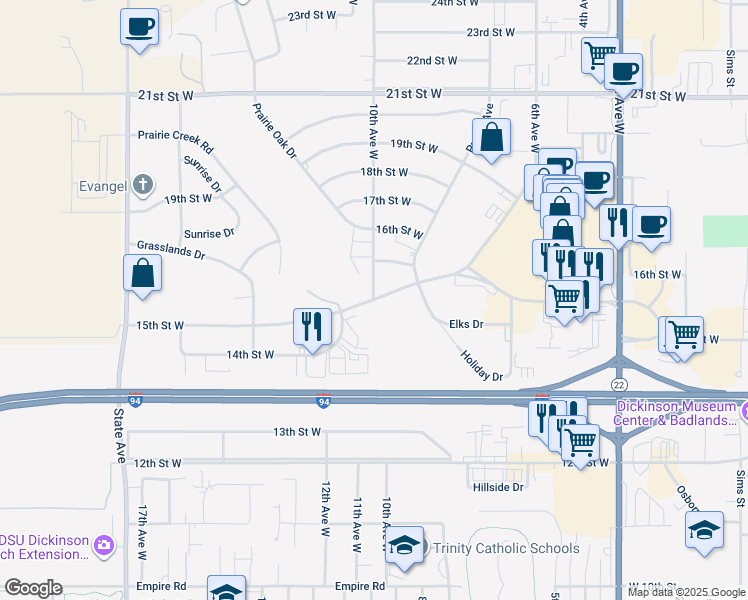 map of restaurants, bars, coffee shops, grocery stores, and more near 15th Street West in Dickinson