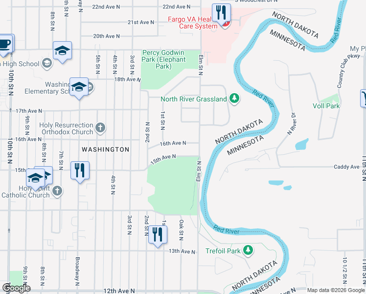 map of restaurants, bars, coffee shops, grocery stores, and more near 64 16th Ave N in Fargo
