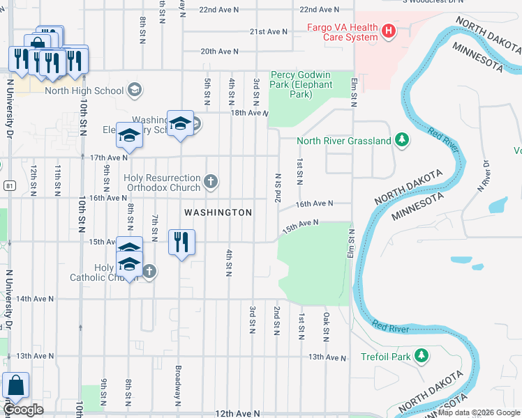 map of restaurants, bars, coffee shops, grocery stores, and more near 1533 3rd St N in Fargo
