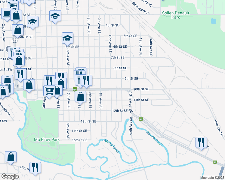 map of restaurants, bars, coffee shops, grocery stores, and more near 1000-1050 10th Street Southeast in Jamestown