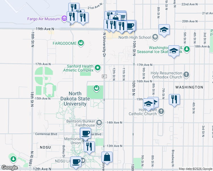 map of restaurants, bars, coffee shops, grocery stores, and more near 1537 North University Drive in Fargo