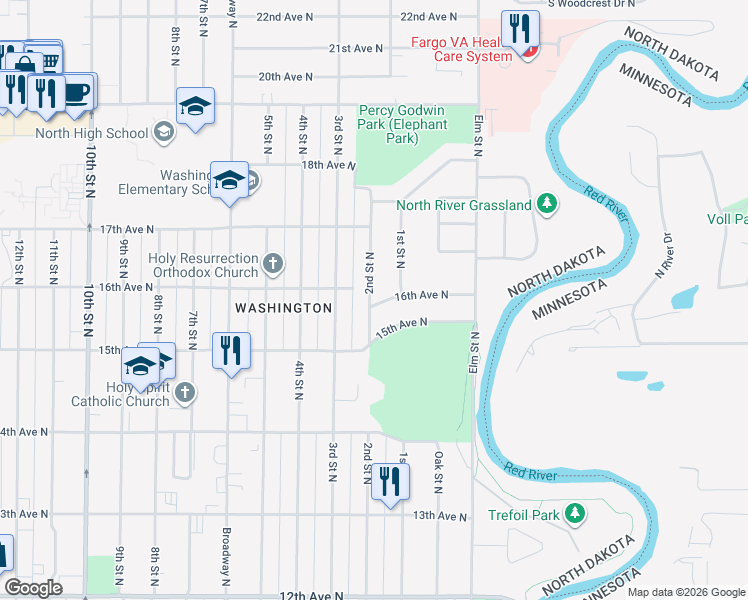 map of restaurants, bars, coffee shops, grocery stores, and more near 113 16th Avenue North in Fargo