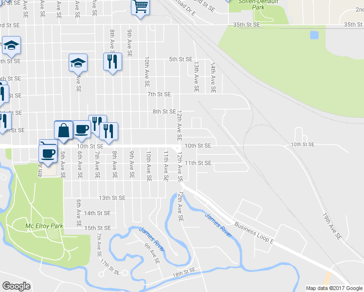 map of restaurants, bars, coffee shops, grocery stores, and more near 1214 10th Street Southeast in Jamestown