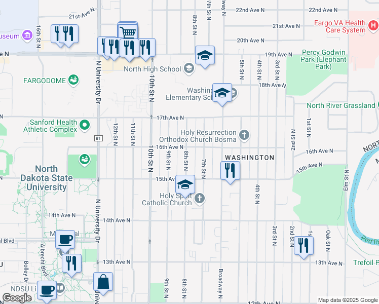 map of restaurants, bars, coffee shops, grocery stores, and more near 1543 8th Street North in Fargo