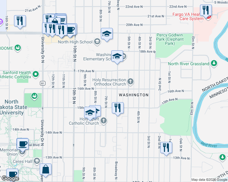 map of restaurants, bars, coffee shops, grocery stores, and more near 1501-1599 N Broadway Dr in Fargo
