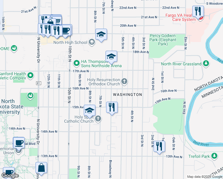 map of restaurants, bars, coffee shops, grocery stores, and more near 1599 N Broadway Dr in Fargo