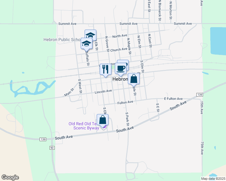 map of restaurants, bars, coffee shops, grocery stores, and more near 201 South Grove Street in Hebron