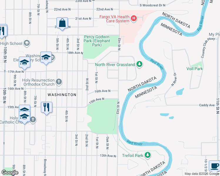 map of restaurants, bars, coffee shops, grocery stores, and more near 64 16th Avenue North in Fargo