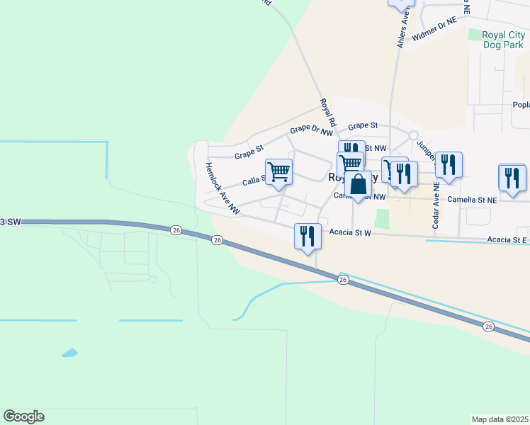 map of restaurants, bars, coffee shops, grocery stores, and more near 240 Hemlock Avenue Northwest in Royal City