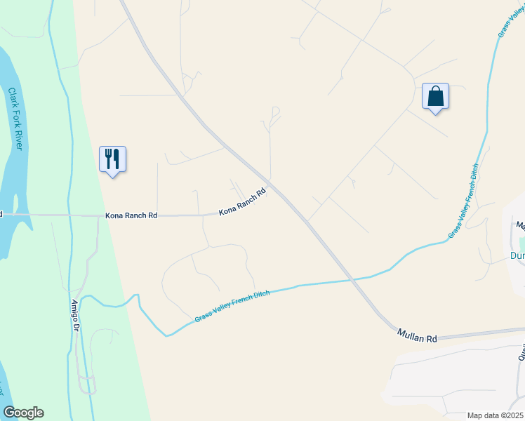 map of restaurants, bars, coffee shops, grocery stores, and more near 9901-9919 Kona Ranch Rd in Missoula