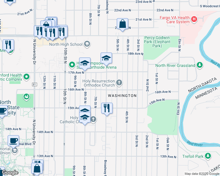 map of restaurants, bars, coffee shops, grocery stores, and more near 1501-1599 N Broadway Dr in Fargo