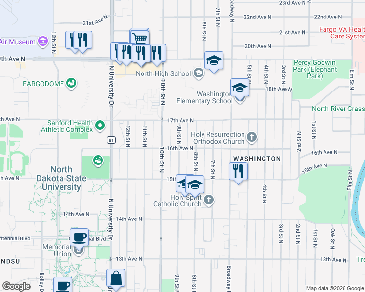 map of restaurants, bars, coffee shops, grocery stores, and more near 1537 9th Street North in Fargo