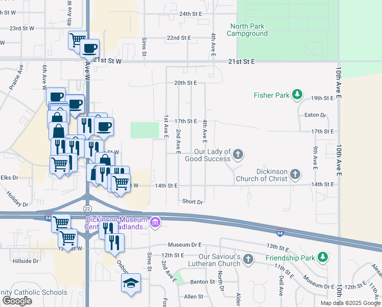 map of restaurants, bars, coffee shops, grocery stores, and more near 1499 3rd Avenue East in Dickinson