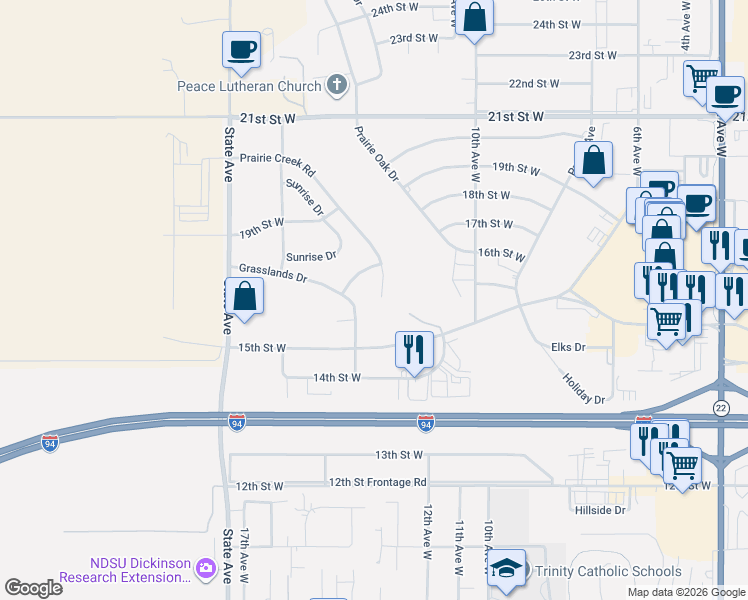 map of restaurants, bars, coffee shops, grocery stores, and more near 1699 Prairie Creek Road in Dickinson