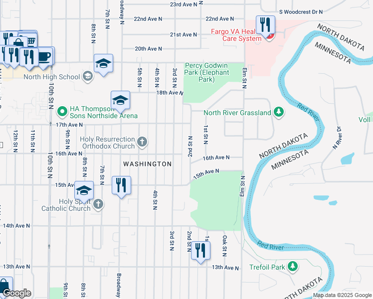 map of restaurants, bars, coffee shops, grocery stores, and more near 1614 2nd Street North in Fargo