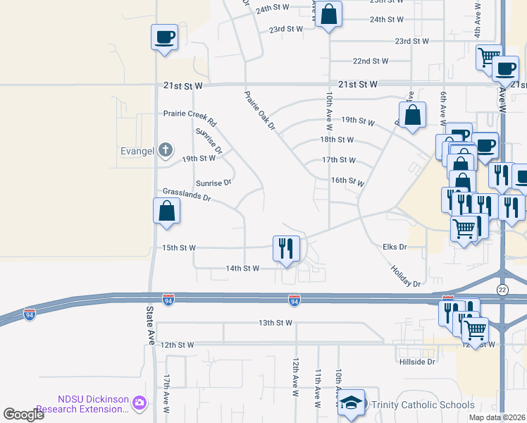 map of restaurants, bars, coffee shops, grocery stores, and more near 1501 Prairie Creek Road in Dickinson