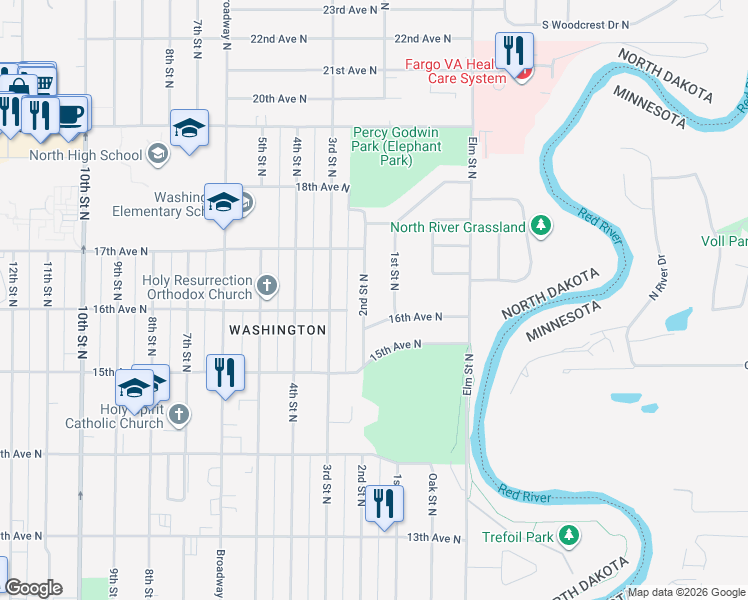 map of restaurants, bars, coffee shops, grocery stores, and more near 113 16th Avenue North in Fargo