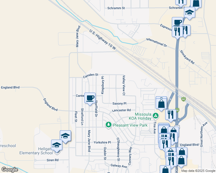 map of restaurants, bars, coffee shops, grocery stores, and more near 3701 Knightbridge Lane in Missoula