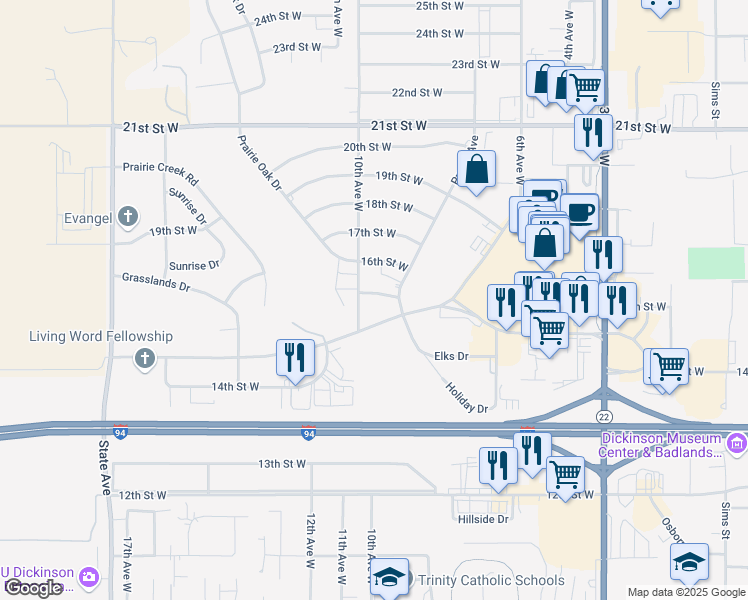 map of restaurants, bars, coffee shops, grocery stores, and more near 951 Prairie Court Drive in Dickinson