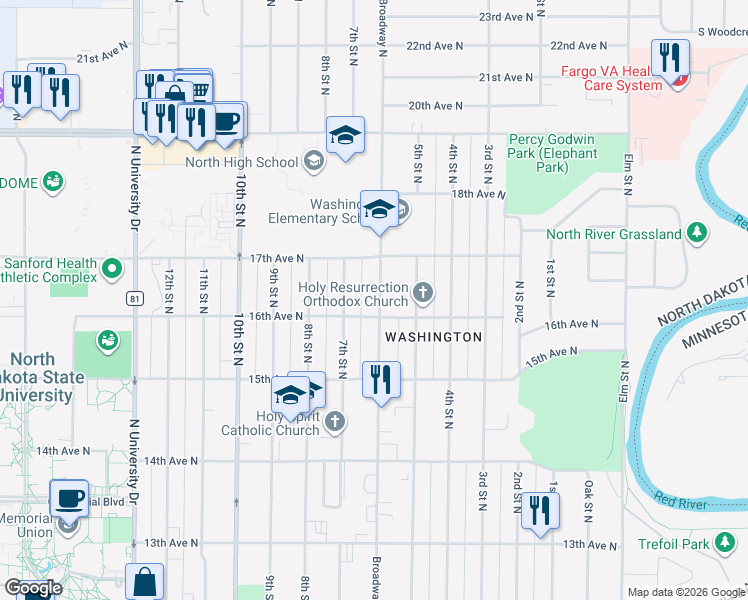 map of restaurants, bars, coffee shops, grocery stores, and more near 1629 Broadway North in Fargo