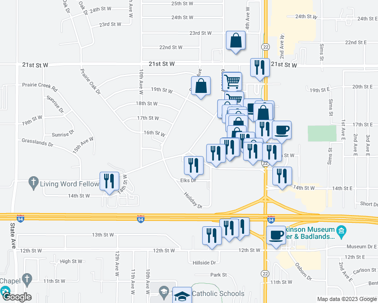map of restaurants, bars, coffee shops, grocery stores, and more near 598 15th Street West in Dickinson