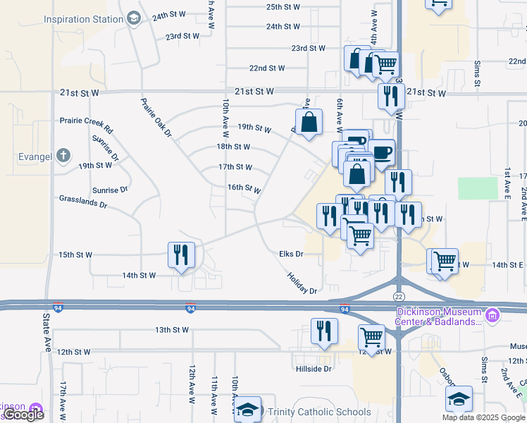 map of restaurants, bars, coffee shops, grocery stores, and more near 1612 Prairie Avenue in Dickinson