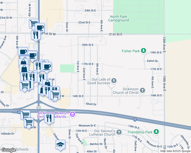 map of restaurants, bars, coffee shops, grocery stores, and more near 1585 4th Avenue East in Dickinson