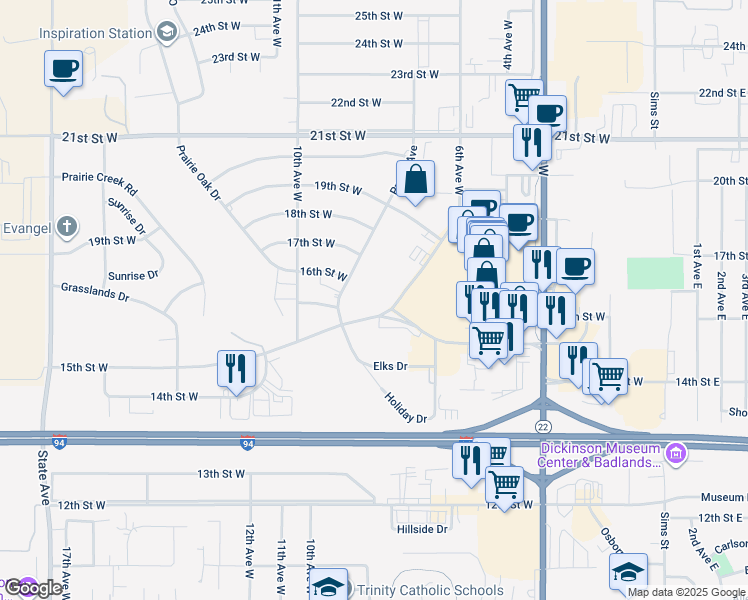 map of restaurants, bars, coffee shops, grocery stores, and more near 1597 6th Avenue West in Dickinson