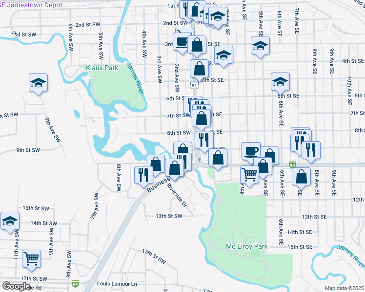 map of restaurants, bars, coffee shops, grocery stores, and more near 820 1st Ave S in Jamestown