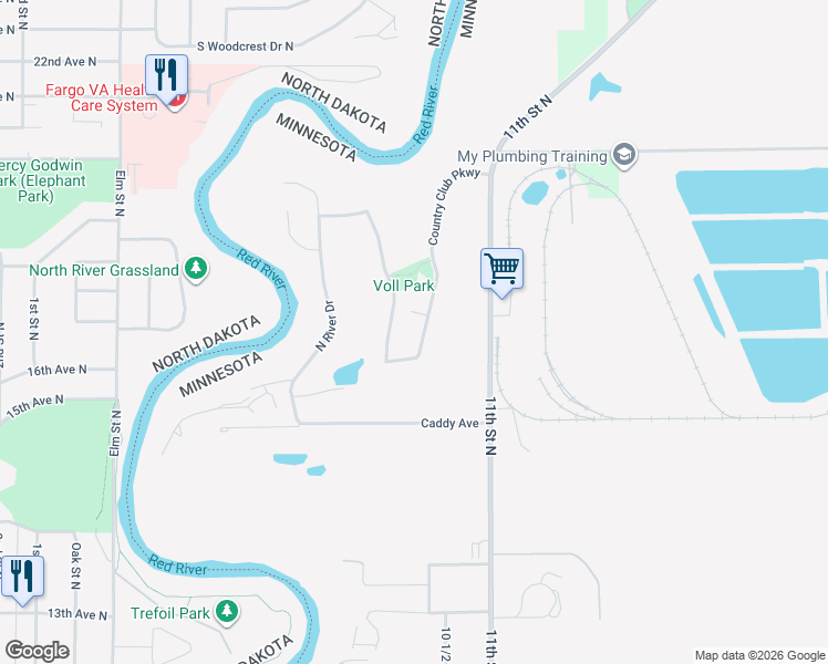 map of restaurants, bars, coffee shops, grocery stores, and more near 2420 Country Club Parkway in Moorhead