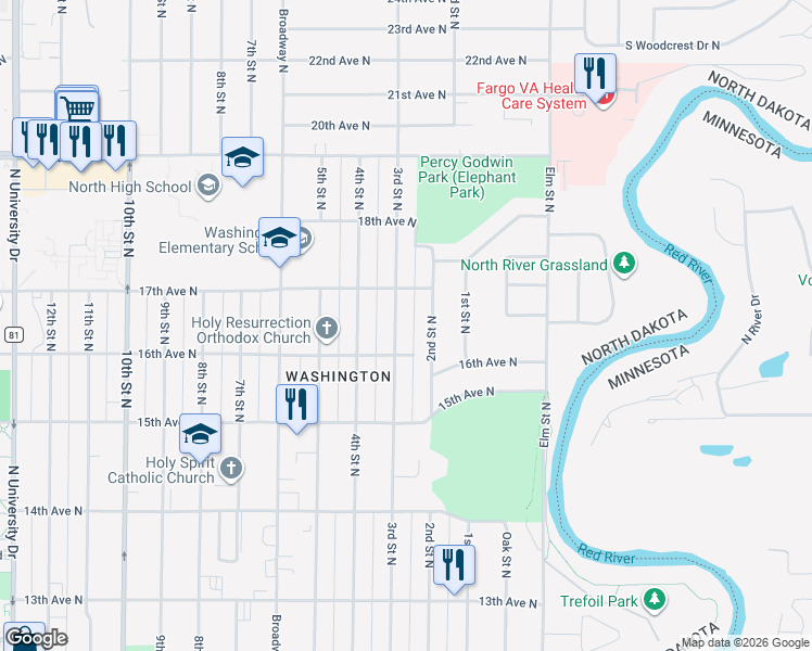 map of restaurants, bars, coffee shops, grocery stores, and more near 1622 3rd St N in Fargo