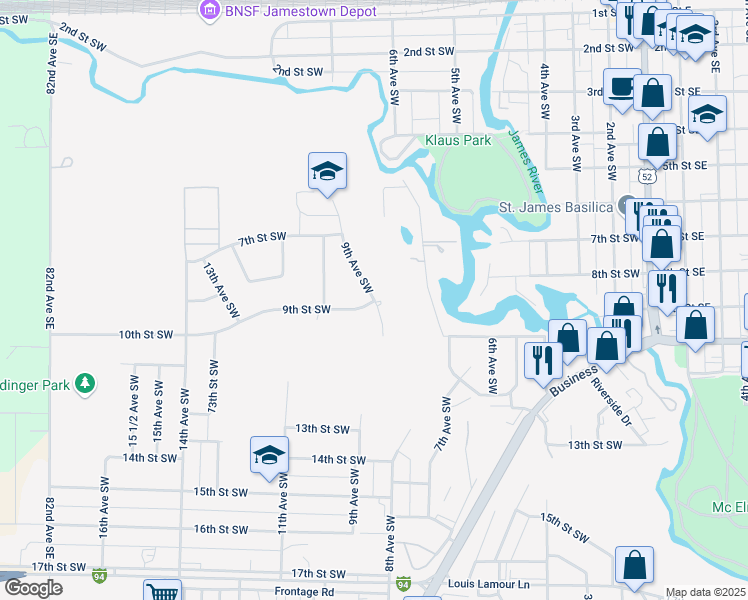 map of restaurants, bars, coffee shops, grocery stores, and more near 898 9th Ave SW in Jamestown