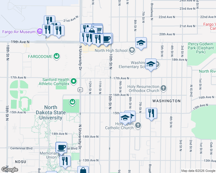 map of restaurants, bars, coffee shops, grocery stores, and more near 1622 10th Street North in Fargo